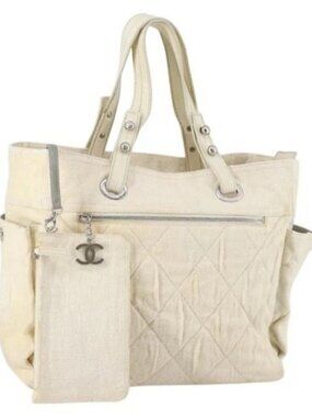 CHANEL Paris Biarritz GM Tote Bag Coated Canvas White Silver CC Auth 142940